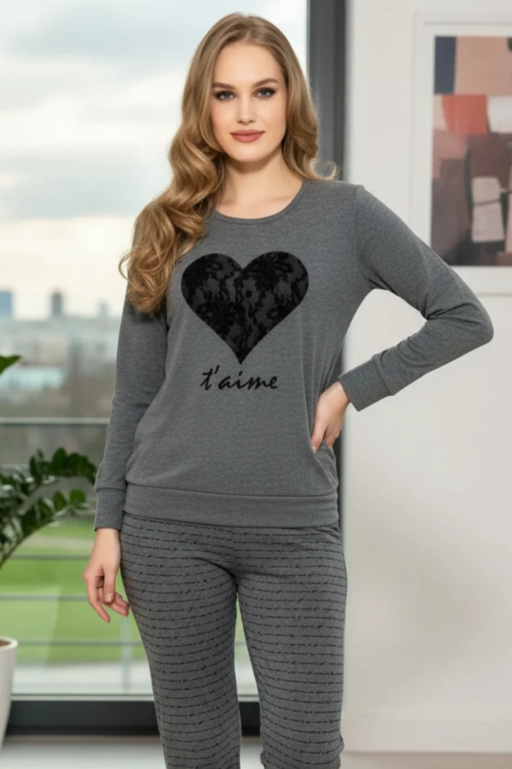 Grey Heart Printed PJs Set